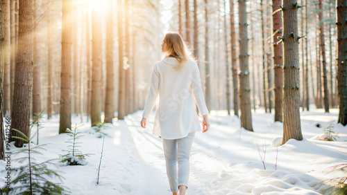 Woman walking through snowy forest at sunrise, enjoying winter morning