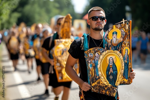 A traditional Polish pilgrimage group, carrying religious icons and banners as they make their way to CzÄ™stochowa photo