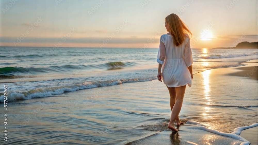 Woman walking on the beach during sunrise, feeling calm and reflective Woman walking on the beach during sunrise, feeling calm and reflective
