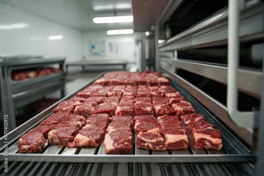 Fresh red meat cuts processing in modern food factory Fresh red meat cuts processing in modern food factory