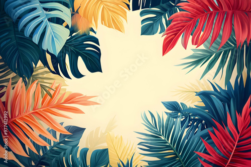 Vibrant tropical leaves frame a soft, light background, perfect for adding text or design elements.