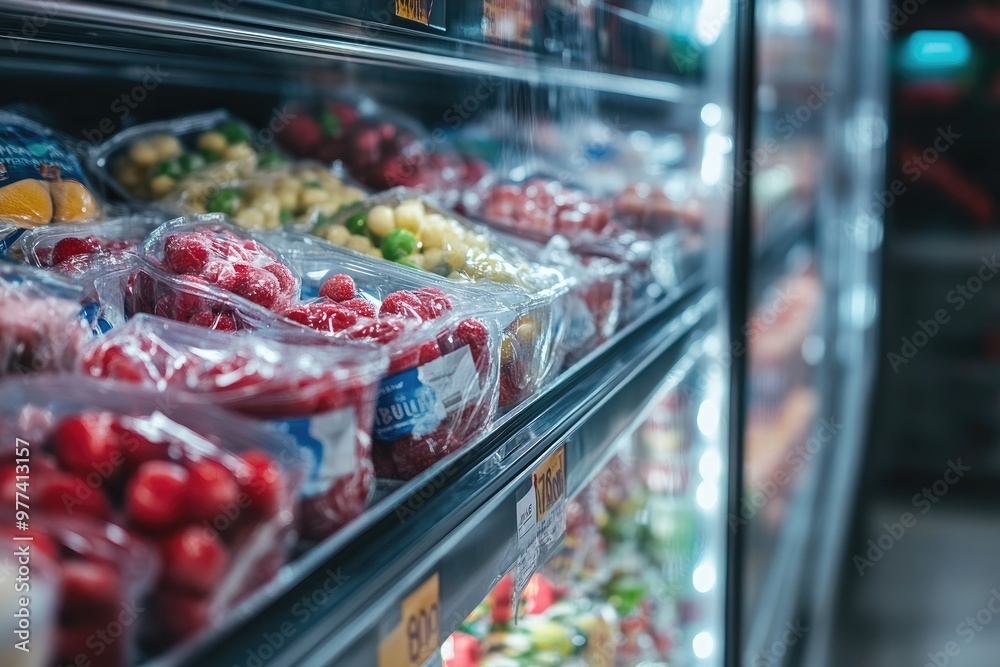 Fresh produce displayed on refrigerated shelves in grocery store Fresh produce displayed on refrigerated shelves in grocery store