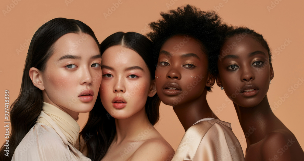 Four beautiful cheerful diverse models, 4 happy multicultural women, smiling multiracial young girls beauty faces Four beautiful cheerful diverse models, 4 happy multicultural women, smiling multiracial young girls beauty faces