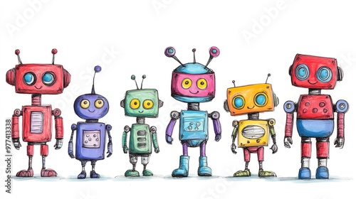Cute Hand-Drawn Cartoon Robots set of funny cartoon robots