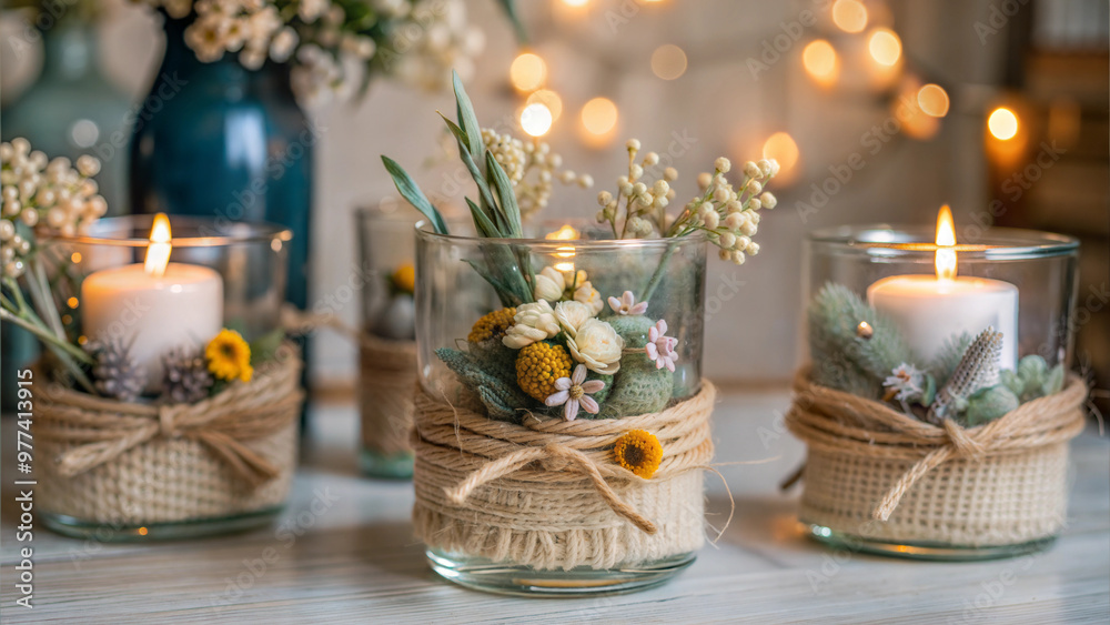 Glass Candle Holders with Twine and Burlap Decorated with Dried Flowers Glass Candle Holders with Twine and Burlap Decorated with Dried Flowers