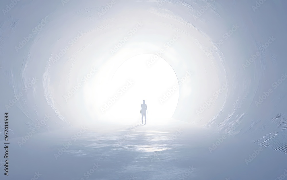 Embracing the Light: Minimalist Illustration of Person at Entrance of White Tunnel Symbolizing Hope and Anticipation for the Future Embracing the Light: Minimalist Illustration of Person at Entrance of White Tunnel Symbolizing Hope and Anticipation for the Future