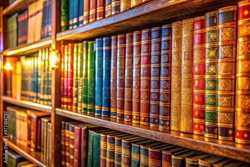 A neatly organized shelf displays a vibrant row of variously sized, leather-bound and colorful books with golden typography, amidst a warm and cozy atmospheric background. photo