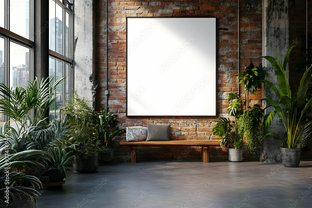 Spacious interior with a blank frame on a brick wall and lush plants, ideal for artistic inspiration and modern decor. Spacious interior with a blank frame on a brick wall and lush plants, ideal for artistic inspiration and modern decor.
