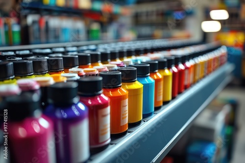 Colorful paint bottles sitting on shelf in art supply store