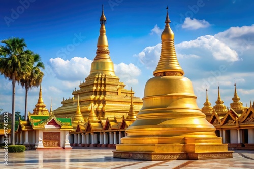 A ornate golden stupa dominates the foreground, set against a blurred backdrop of Naypyidaw's authoritarian government buildings, symbolizing Myanmar's complex balance of politics and tradition. photo