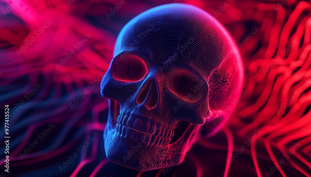 Digital Glowing Skull with Bright Neon Lights and Blue Smoke Digital Glowing Skull with Bright Neon Lights and Blue Smoke