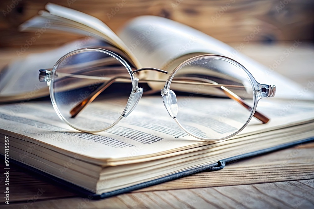 A pair of trendy, transparent, rimless glasses sit atop an open book, surrounded by scattered pages and scribbled notes, amidst a calming, minimalist background. A pair of trendy, transparent, rimless glasses sit atop an open book, surrounded by scattered pages and scribbled notes, amidst a calming, minimalist background.