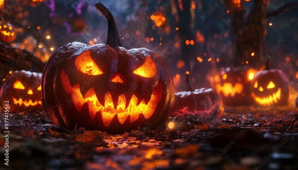 Enchanted Pumpkins at Dusk with Glowing Faces in a Spooky Forest Enchanted Pumpkins at Dusk with Glowing Faces in a Spooky Forest