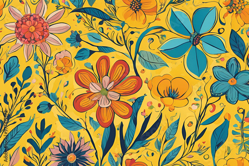 Wallpaper Mural Floral pattern illustration creative flowers on yellow backdrop Torontodigital.ca