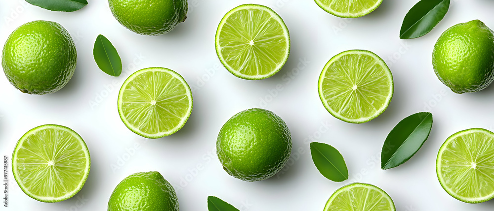 Fresh limes and lime slices arranged with green leaves on a clean white background, perfect for culinary or health-related designs. Fresh limes and lime slices arranged with green leaves on a clean white background, perfect for culinary or health-related designs.