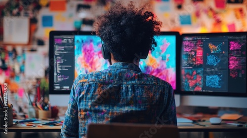 Wallpaper Mural 20. A student working on an eLearning project, surrounded by digital art tools, vibrant drawings on the screen, a dynamic and creative atmosphere with splashes of color and design elements. Torontodigital.ca