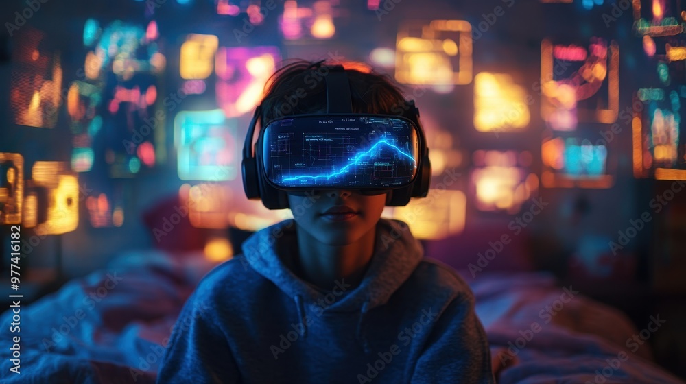 16. A young student in a cozy bedroom, using a VR headset for an immersive eLearning experience, surrounded by glowing virtual elements representing different learning topics. 16. A young student in a cozy bedroom, using a VR headset for an immersive eLearning experience, surrounded by glowing virtual elements representing different learning topics.