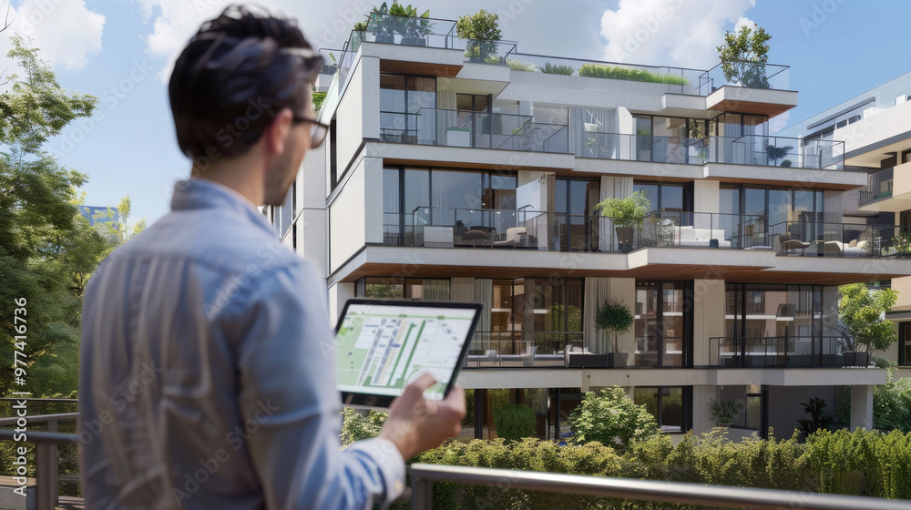 A real estate agent stands with an electronic tablet against the backdrop of a modern residential complex. Selective focus. A real estate agent stands with an electronic tablet against the backdrop of a modern residential complex. Selective focus.