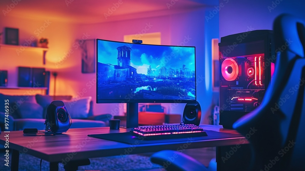 Fototapeta premium eye-catching gaming setup illuminated by neon lights, complete with a powerful PC monitor and an ideal streamer workstation for immersive gameplay