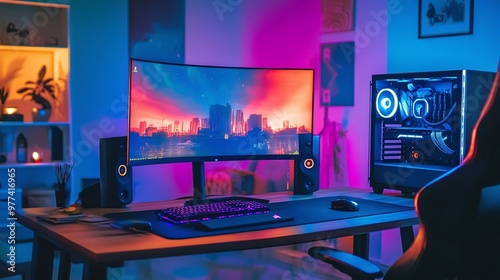 modern gaming setup with stunning neon lights, equipped with a top-tier PC monitor and a dedicated workstation tailored for esports gaming