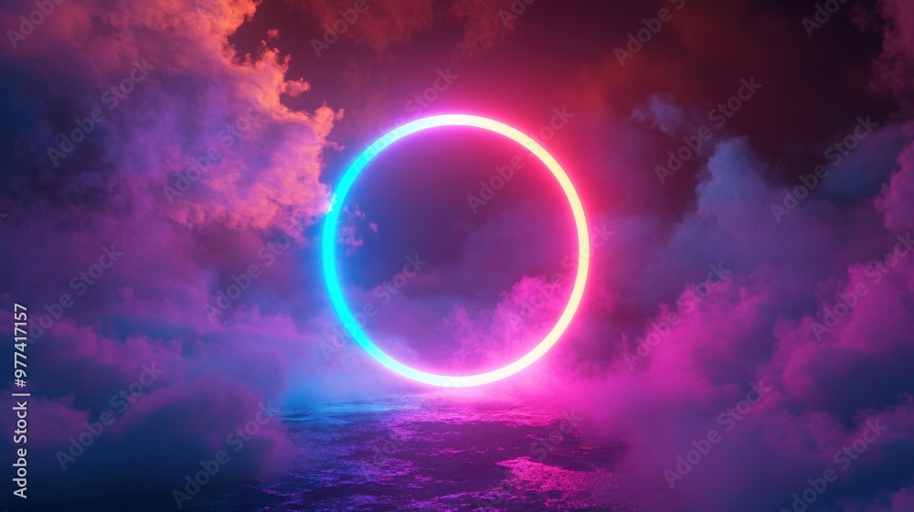 3D render, colorful neon light ring on a dark background with fog and clouds 3D render, colorful neon light ring on a dark background with fog and clouds