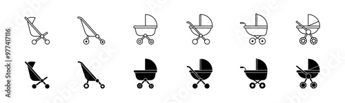 Baby stroller icon set. Line and glyph baby carriage vector. Baby pram. Set of isolated stroller icon