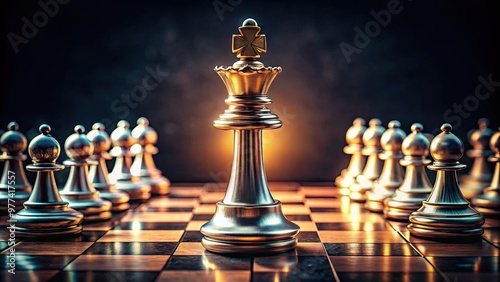 A regal chess piece stands triumphantly on a ornate board, surrounded by scattered opponents, as a solitary pawn looks on, signaling defeat in a game of strategy. photo