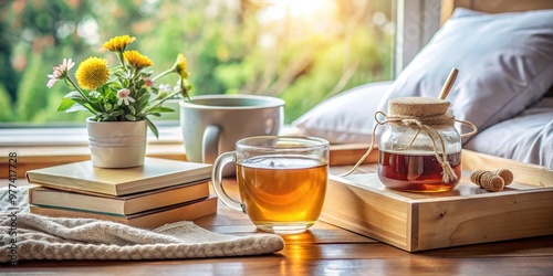 A relaxing scene featuring a warm cup of herbal tea, honey, and a box of tissues on a cozy bedside table amidst a blurred background. photo