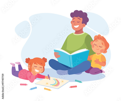 Man Parent with Son and Daughter Drawing and Read Book as Home Activity Vector Illustration