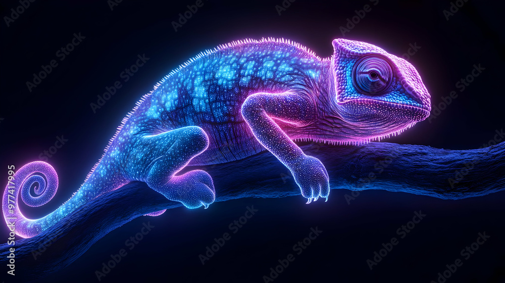A glowing, neon chameleon perched on a branch, showcasing vibrant colors and striking patterns in a dark background. A glowing, neon chameleon perched on a branch, showcasing vibrant colors and striking patterns in a dark background.