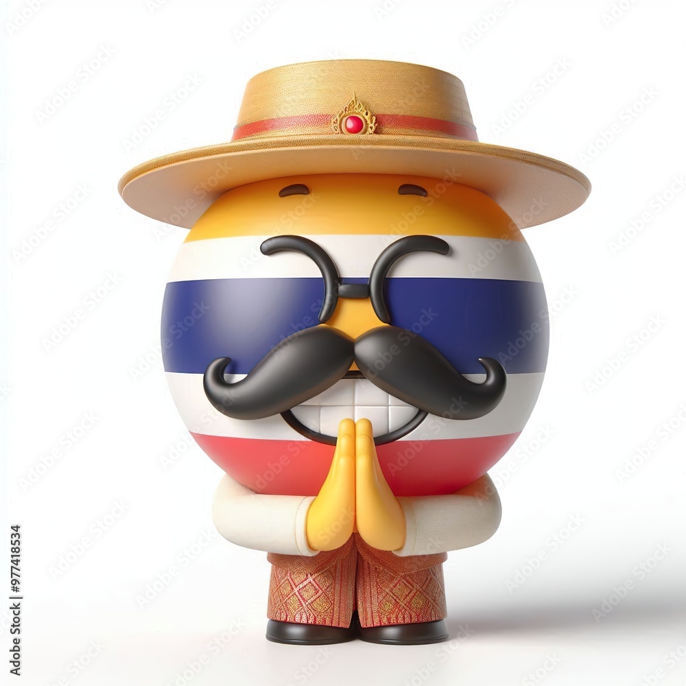 3D Happy one mustachioed emoji Thailand style theme , white background 3D Happy one mustachioed emoji Thailand style theme , white background