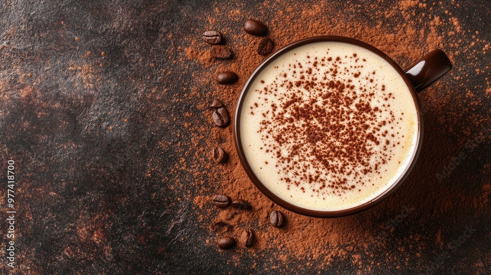 A cup of creamy cappuccino with cocoa powder sprinkled on top, laid out with space for copy A cup of creamy cappuccino with cocoa powder sprinkled on top, laid out with space for copy
