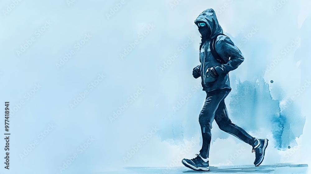 Naklejka premium Watercolor Depiction of Disguised Secret Agent Jogger on Soft Blue Background