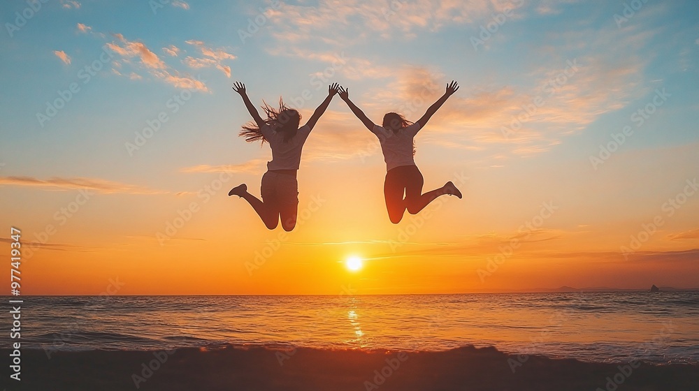 exhilarating moment of two people jumping joyfully in front of a beautiful sunset showcasing happiness and the spirit of freedom exhilarating moment of two people jumping joyfully in front of a beautiful sunset showcasing happiness and the spirit of freedom