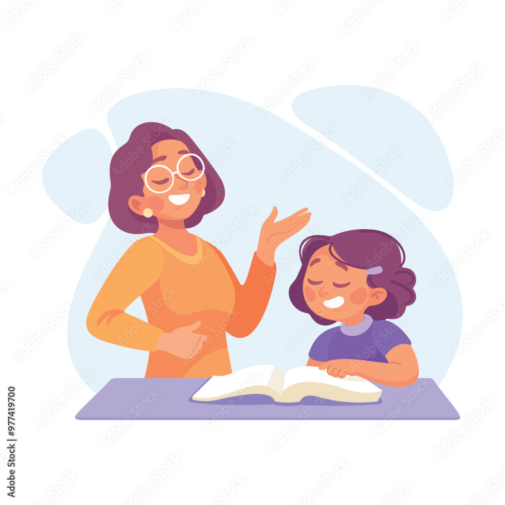 Woman Parent with Her Daughter Study Read Book as Home Activity Vector Illustration Woman Parent with Her Daughter Study Read Book as Home Activity Vector Illustration