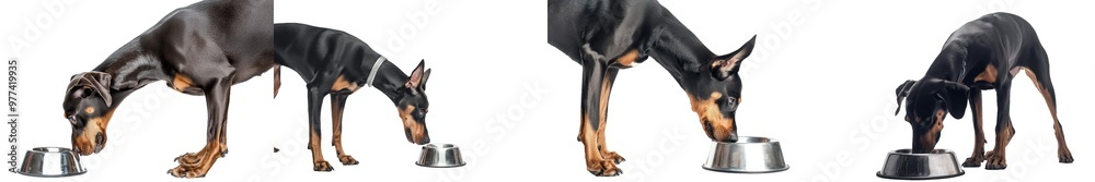 A big muscular dog eating from a bowl isolated on a white background. Concept of beauty, art, animal, veterinarian and advertisement. A big muscular dog eating from a bowl isolated on a white background. Concept of beauty, art, animal, veterinarian and advertisement.