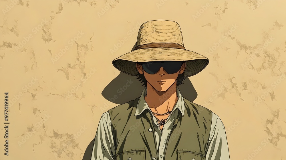 Obraz premium Vintage Safari Vest Worn by Mysterious Anime-Style Explorer on Plain Tan Background