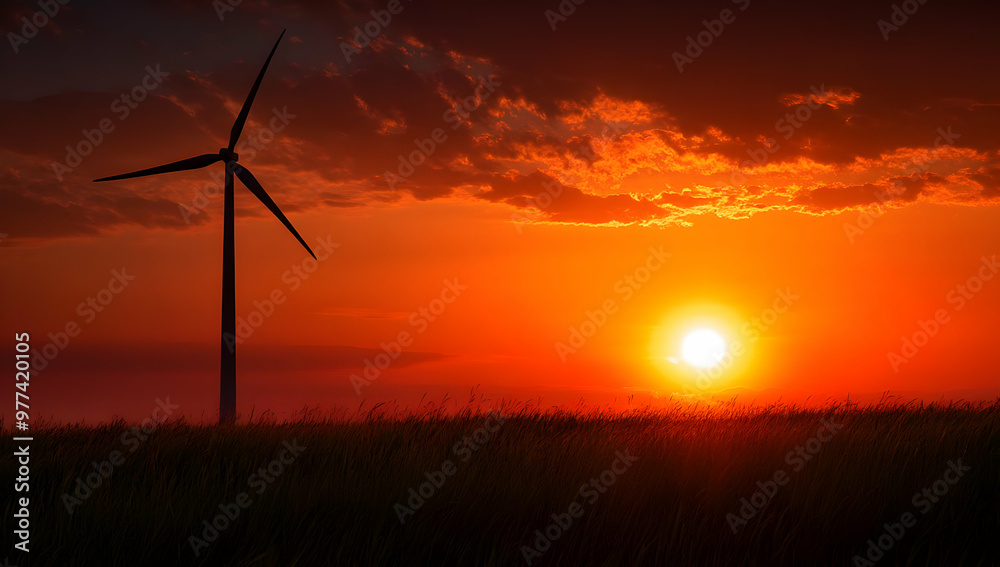 Obraz premium A beautiful sunset over a wind turbine, showcasing renewable energy and nature's beauty in perfect harmony.