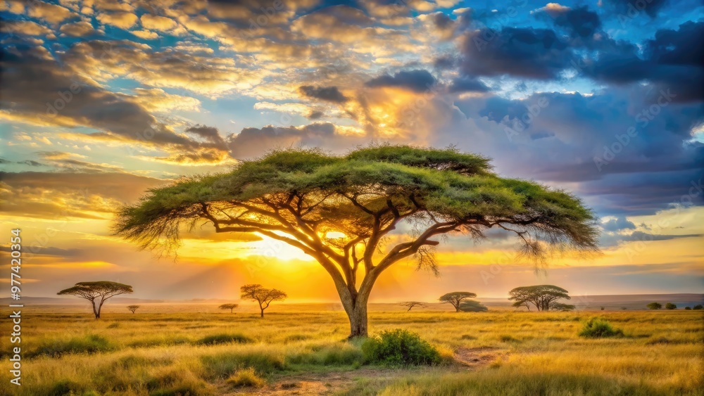 A serene landscape of a majestic acacia tree standing tall in the savannah, its branches stretching towards the sky, as the warm sun sets behind. A serene landscape of a majestic acacia tree standing tall in the savannah, its branches stretching towards the sky, as the warm sun sets behind.