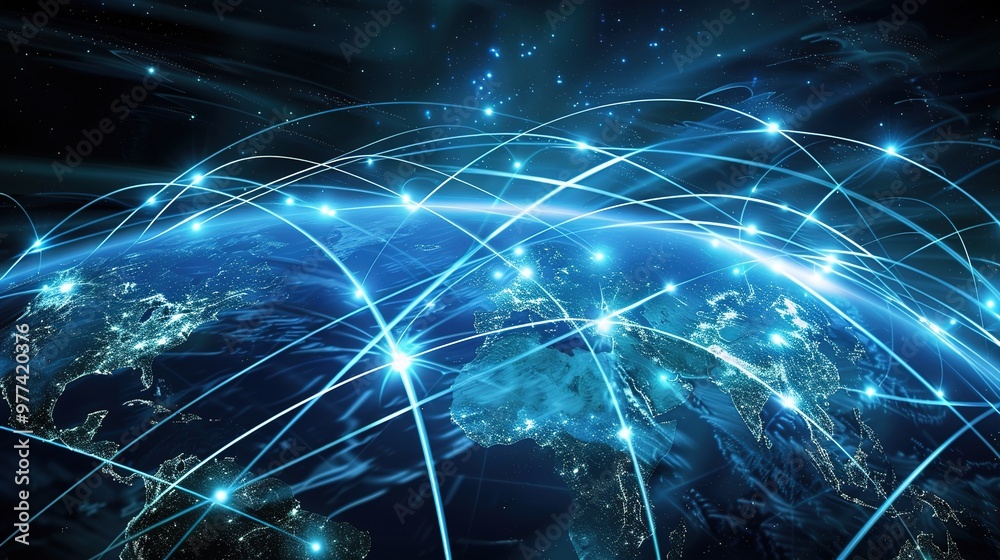 A captivating picture showing the essence of science and technology in the realm of Internet innovation. There are various elements representing advanced technological concepts. Computer systems might