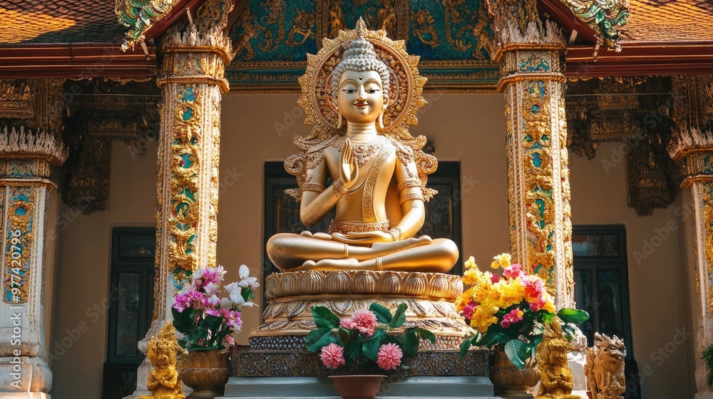 Phra Mae Rasami statue in a peaceful temple setting, with vibrant decorations and ample copy space on a neutral background
