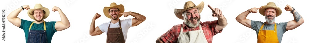 White background with an isolated caucasian agronomist wearing an apron and hat White background with an isolated caucasian agronomist wearing an apron and hat