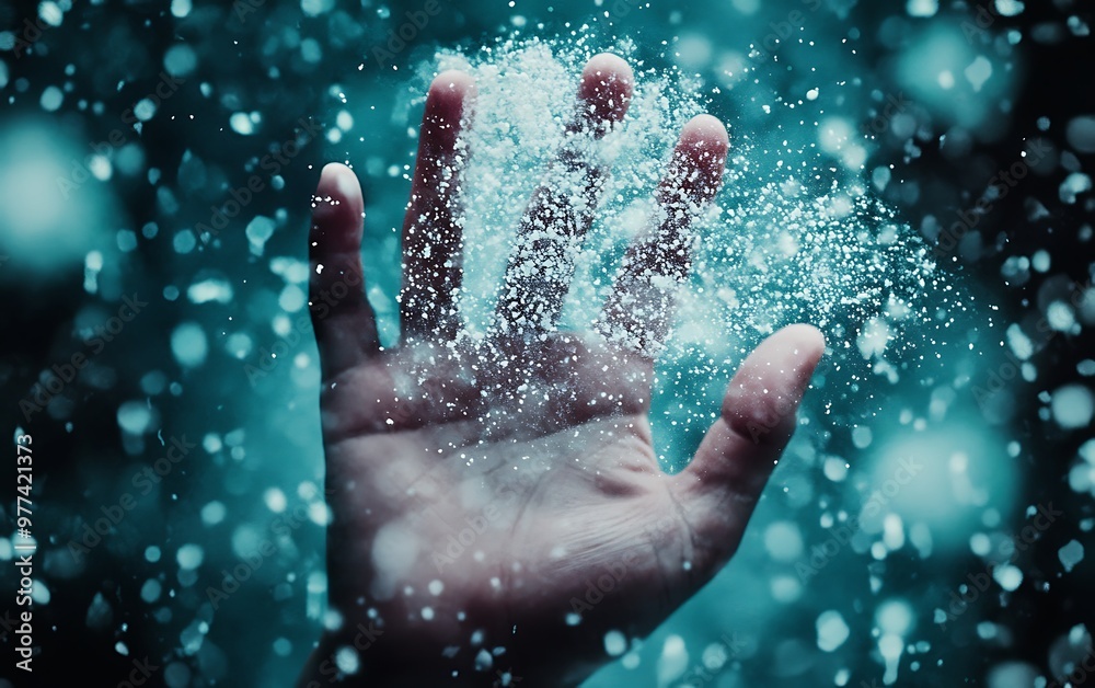 Fototapeta premium Fragility in Darkness - Hand with Airborne Virus Particles on Teal and Black Background