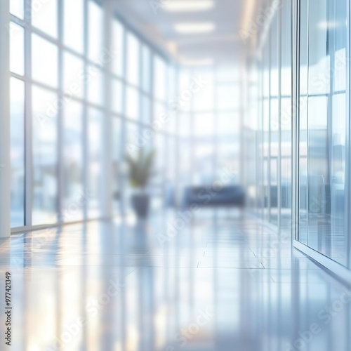 Blurred view of a contemporary office space featuring panoramic windows and soft natural light