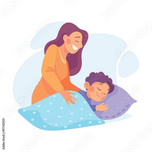 Woman Parent with Her Son Sleeping in Bed as Home Activity Vector Illustration