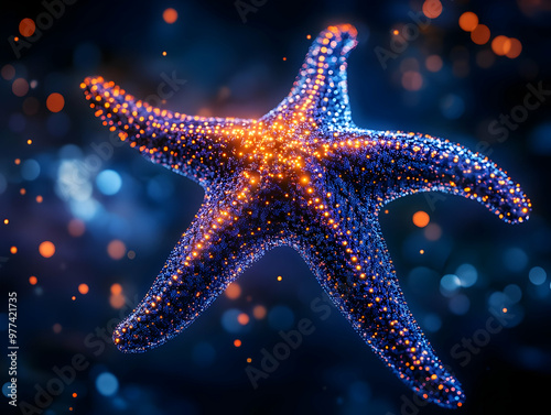 A vibrant starfish glowing in an underwater scene, showcasing stunning colors and intricate patterns against a dark background. photo