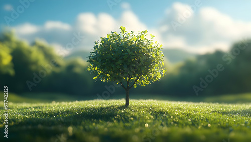 A serene tree stands alone in a vibrant landscape, surrounded by lush grass and soft sunlight, embodying tranquility and nature's beauty.
