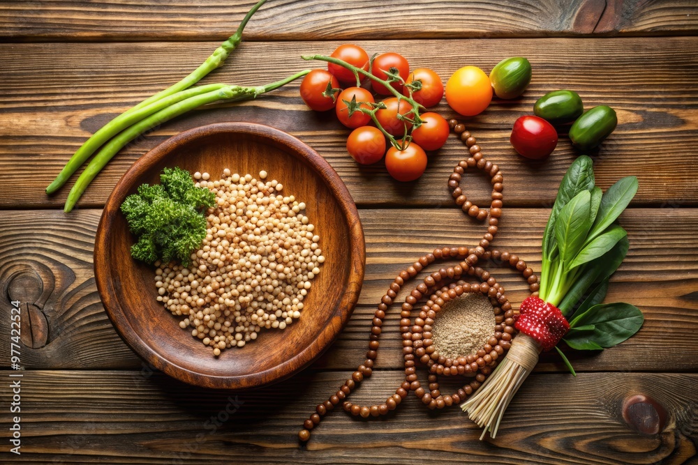 A simple, rustic wooden table set with a plate of whole grains, fresh vegetables, and a few scattered prayer beads, evoking a sense of quiet reflection. A simple, rustic wooden table set with a plate of whole grains, fresh vegetables, and a few scattered prayer beads, evoking a sense of quiet reflection.