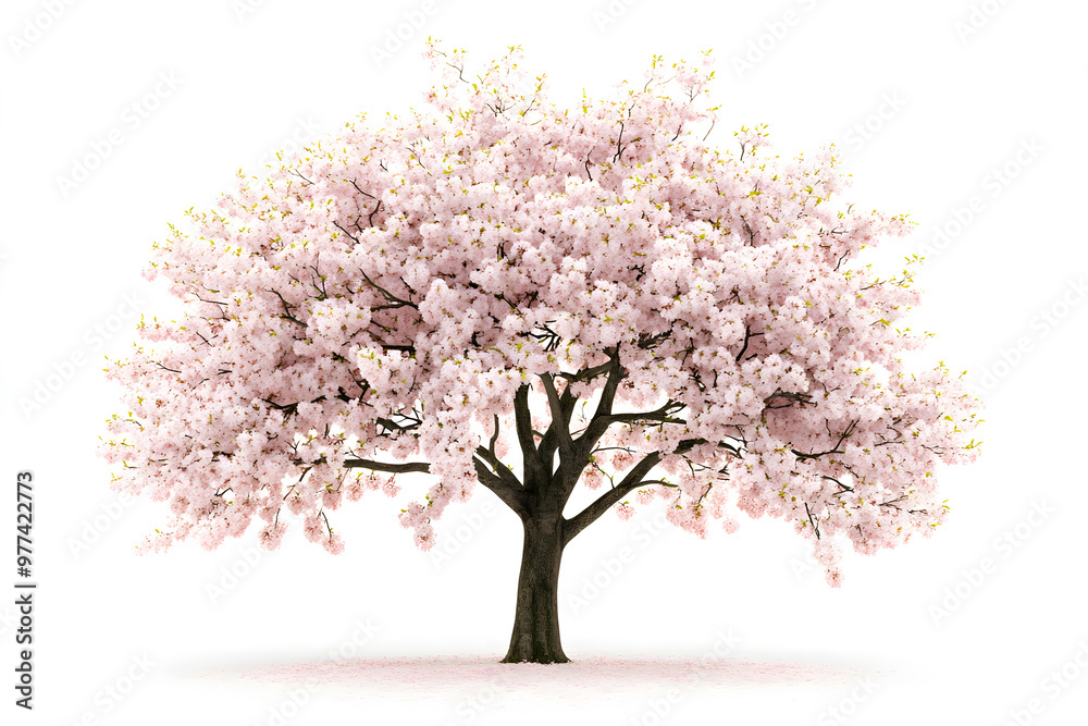 Fototapeta premium Sakura tree with pink blossoms stands alone against a white background