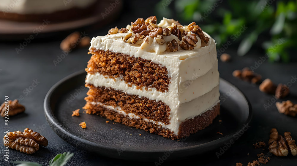 Delicious slice of carrot cake topped with creamy frosting and chopped nuts, perfect for dessert lovers and special occasions. Delicious slice of carrot cake topped with creamy frosting and chopped nuts, perfect for dessert lovers and special occasions.